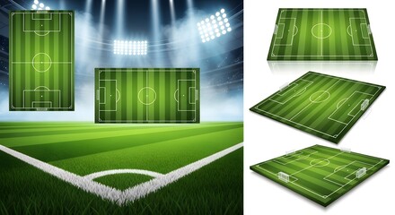 Soccer Field Layout and Perspective Diagrams Collection, Professional Football Pitch Design Templates