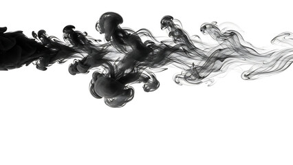 A dramatic dark ink plume dynamically spreads and whisks through clear water, creating an abstract, smoky vortex against a stark white backdrop
