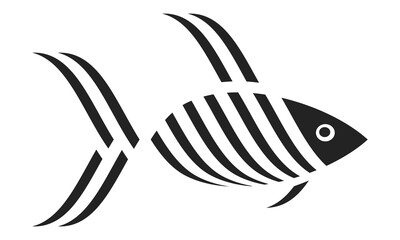 Fish vector illustration isolated on white background. Marine animal side view features abstract linear pattern. Modern fish icon for maritime and seafood branding. Stylized black fish silhouette.