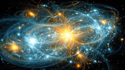 Brilliant celestial energy swirls intensely with glowing particles across a dark expanse