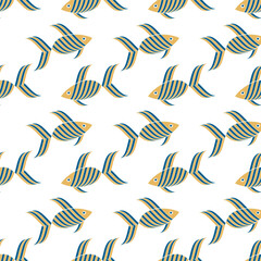 Fish seamless pattern on white background. Stylized fish with blue and gold stripes. Decorative repeating fish ornament for textile. Modern nautical background for print and fabric design.