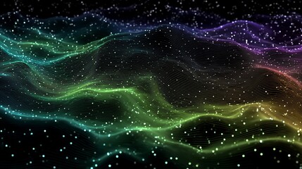 Abstract wave pattern with colorful glowing particles on a dark background