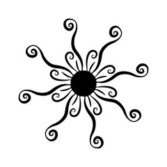 Sun emblem vector black and white illustration. Day-star with spiral sunbeams,  curled rays. Vector cartoon clip art for spring or summer design to depict solar activity, magnetic storm, sunny weather