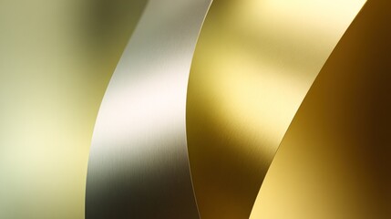 Illuminated curved metallic surfaces display shades of gold and silver in abstract composition