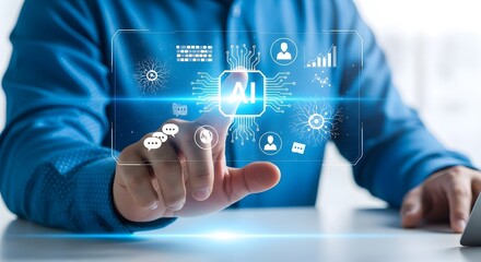 Human Finger Touching AI Hologram for Technology Innovation and Artificial Intelligence Business Solutions