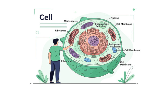 Illustration of a cell structure with labeled organelles and a pointing figure for educational