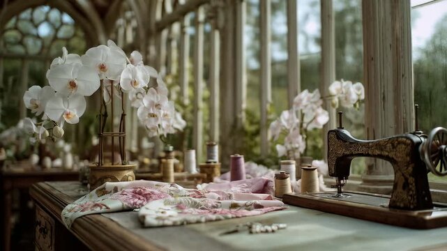 Elegant orchids and vintage sewing machine. Serene greenhouse workspace, soft light. Delicate fabrics, floral patterns displayed. Creative, artistic atmosphere, calm, peaceful.