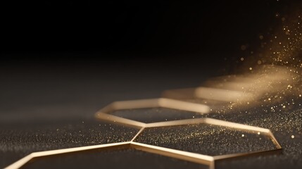 Glowing geometric lines illuminate a dark textured surface with rising golden particles