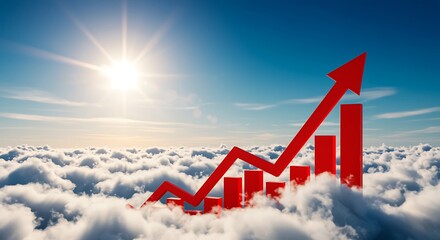 business growth chart with red arrow rising above clouds and sunny blue sky