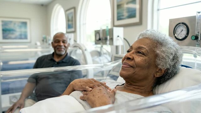 Loving senior couple in hyperbaric chamber. Grandmother looks hopeful, grandfather gives thumbs up. Oxygen therapy, healthcare, wellbeing, support, hope, recovery, love.
