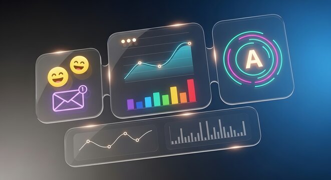 Social Media Analytics and Marketing Dashboard with Data Visualization and Growth Statistics Hologram - Powered by Adobe
