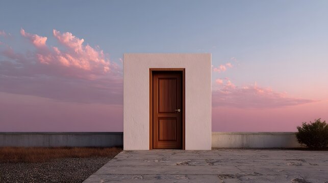 A solitary wooden door stands within a minimalist structure against a tranquil twilight sky with soft pink clouds