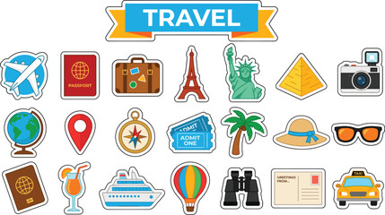 Set of world travel and tourism stickers with header. Vector colorful icons including airplane, passport, suitcase, and landmarks isolated on white. © ArtMint
