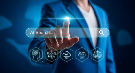 A businessman's finger uses innovative touchscreen technology to touch a digital virtual button, symbolizing a future network solution for online communication and global business success