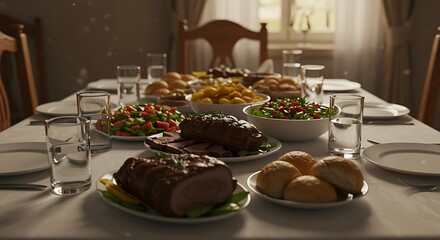 Dining Table with Meal and Drinks