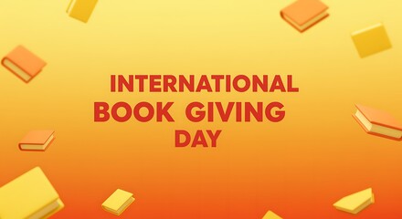 International Book Giving Day celebration with flying books on orange background