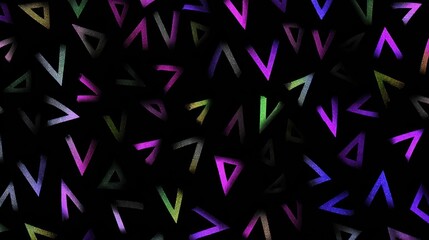 Scattered neon illuminated geometric shapes create a dark abstract background pattern