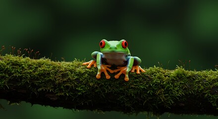 red eyed tree frog sitting on a mossy branch in the forest