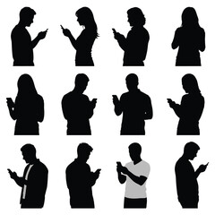 Silhouettes of diverse individuals using mobile devices in various poses and environments