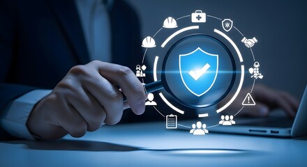 A businessman holding a digital tablet and laptop with a sign symbolizes a global network connection and future communication technology through mobile web icons and internet media