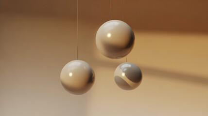 Three minimalist beige or off-white spherical pendant lights hang suspended by thin wires against a softly lit monochromatic background creating a modern interior design aesthetic