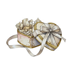 Watercolor Heart Shaped Gift Box with Ribbon: Valentine's Day Present, Love Symbol, Romantic Decor, Hand Drawn Illustration, Isolated on White