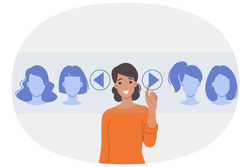 Virtual hairdresser with ability to choose hairstyle and hair styling style through digital panel. Girl visitor to futuristic hairdressing salon smiles, using technology to try on hairstyle on head