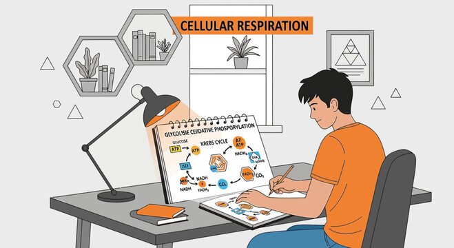 Illustration of a student studying cellular respiration process with diagram at desk indoors