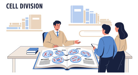 Illustration of Cell Division Processes with a Teacher Explaining Mitosis and Meiosis to Students