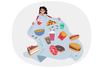 Problem of gluttony and overeating in woman, addicted to junk food and soda that destroys health. Girl suffers from gluttony due to psychological trauma or compulsive personality disorder