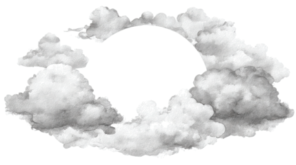 Watercolor clouds forming a circular frame, creating a dreamy sky border, providing copy space for text or images, abstract design element with transparent background