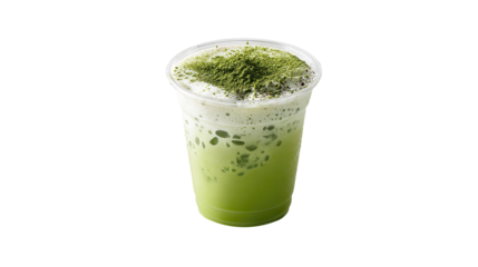 Iced matcha latte in a plastic cup, featuring bright green tea powder topping rich milk foam, crafting a refreshing and healthy beverage, presented with a transparent background