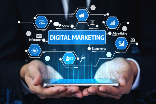 A businessman displays a smartphone illustrating key digital marketing concepts, including advertising, e-commerce, and social media icons, symbolizing innovation. Tessel - Powered by Adobe