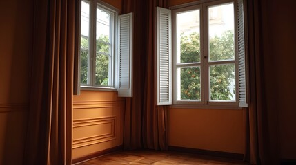 Fototapeta premium Interior room with two open orange walls and brown curtains