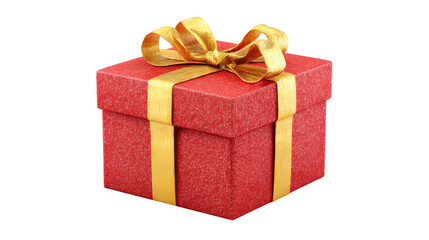 Obraz premium Red gift box with a textured surface and gold ribbon bow, symbolizing surprise, present, celebration, holiday giving, and happiness on a transparent background