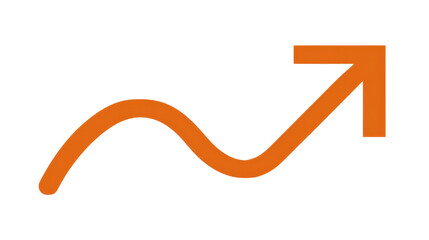 Orange wavy arrow trending upward, symbolizing growth, rising performance and positive financial or business progress on a transparent background for infographic or icon use