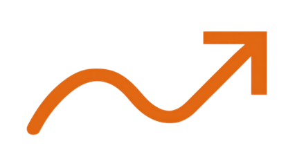 Orange wavy arrow trending upward, symbolizing growth, rising performance and positive financial or business progress on a transparent background for infographic or icon use