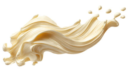 Creamy butter or yogurt splash forming flowing waves and swirls with suspended drops on transparent background, showcasing smooth, appetizing dairy texture for food design