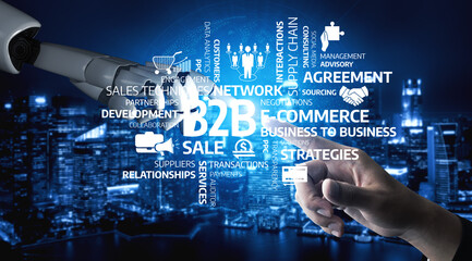 A futuristic scene depicting a robotic hand interacting with digital elements representing B2B...