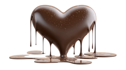 Melting chocolate heart with sweet cocoa liquid dripping and forming a puddle, symbolizing love, passion, and valentine's day, isolated on transparent background