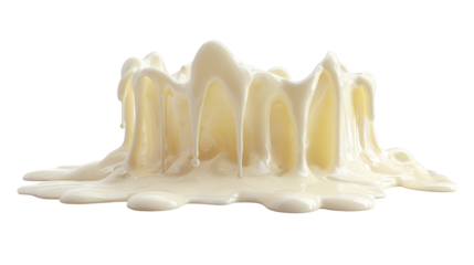 Viscous white cream splashing and dripping into an abstract organic shape that melts into a spreading puddle on transparent background, ideal for dessert and beverage layouts