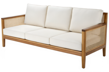 Rattan Cane Sofa 3-Seater Natural Wood Frame Cream Cushions