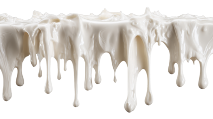 White creamy liquid dripping, flowing downward with drops forming, resembling pouring milk, yogurt, or melted ice cream creating a delicious decorative border on transparent background