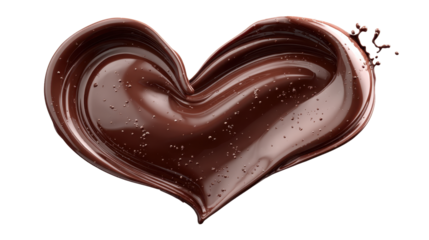 Melted chocolate forming a smooth, glistening heart shape with a dynamic splash, symbolizing sweet love, delicious indulgence, and gourmet dessert appeal on a transparent background
