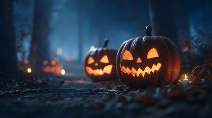 Enchanting Halloween Scene: Glowing carved pumpkins illuminate a shadowy forest path, casting an eerie glow amidst the dense trees and creating an atmosphere of mystery.
