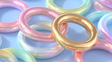 Aesthetic pastel colored 3D rings with gold accent on a light blue background creating a soft and