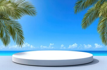 Obraz premium Coastal scene with white podium and palm trees for product display