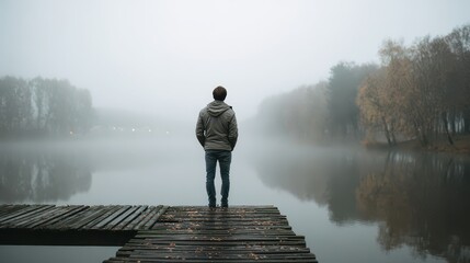 Peaceful dawn reflections: man standing alone on a wooden bridge above a quiet lake