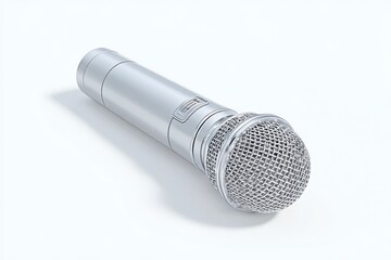Photorealistic microphone isolated on a pure white background with soft shadows and studio lighting