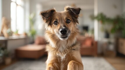 Playful dog balancing on hind legs in a home interior, bright natural light, endearing character study